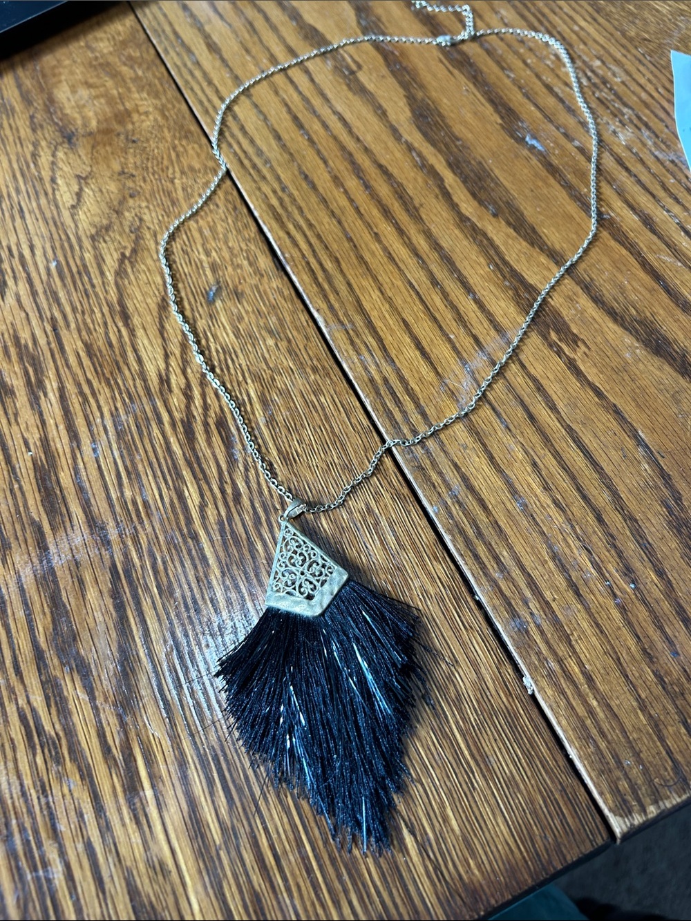 Gold-Tone Chain Necklace with Black Fringe Pendant